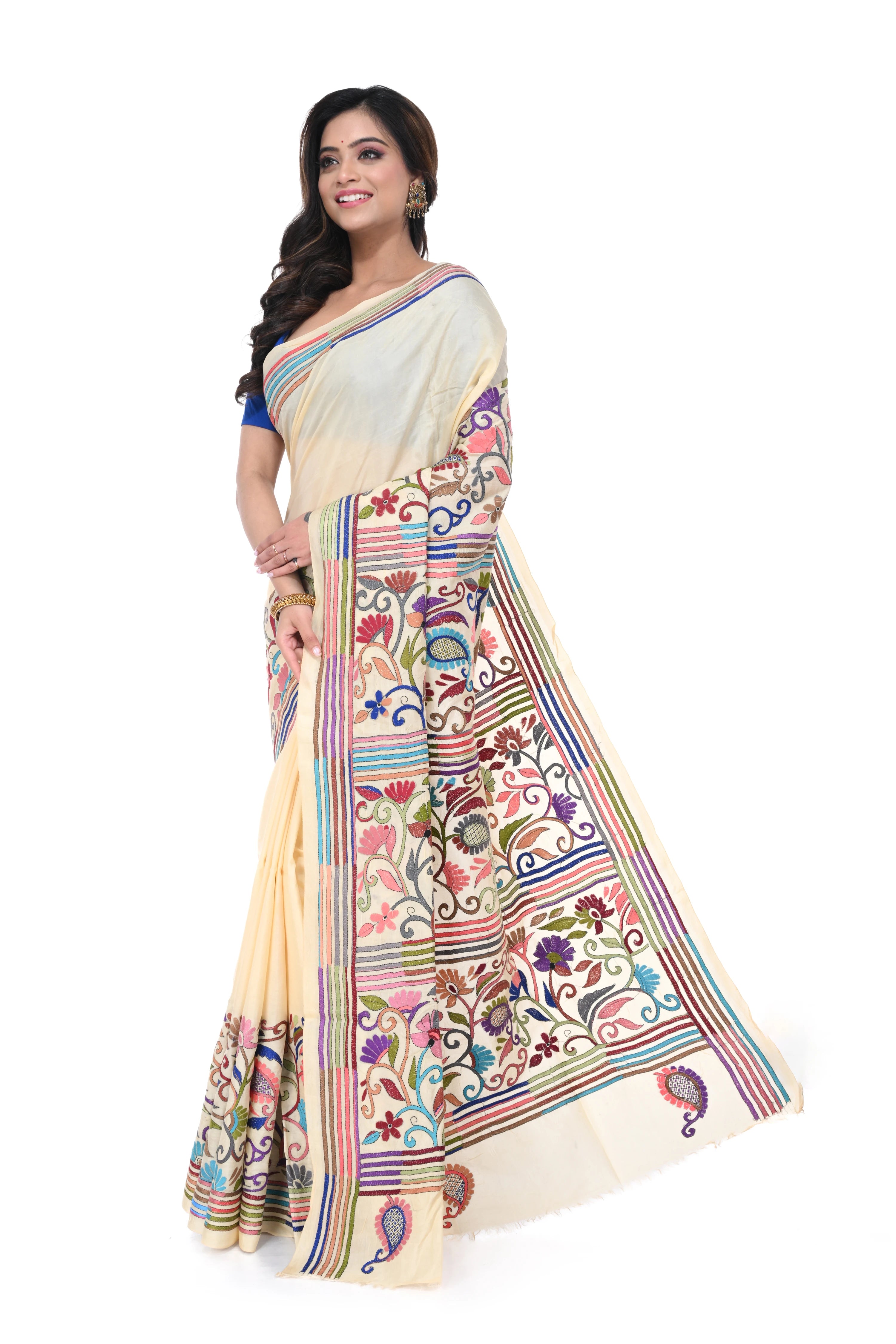 Tussar Saree with Kantha Work Border & Rich Pallu