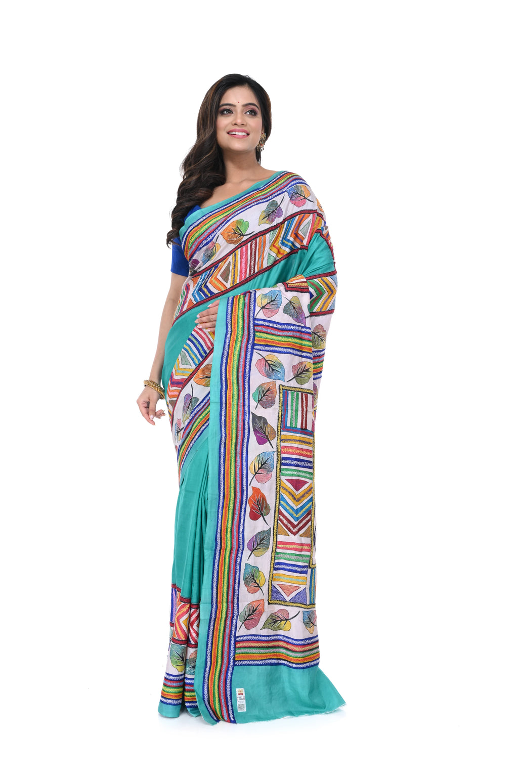 Turquish Blue Silk Saree with Kantha Work & Heavy Pallu