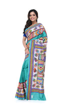 Turquish Blue Silk Saree with Kantha Work & Heavy Pallu