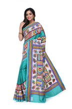 Turquish Blue Silk Saree with Kantha Work & Heavy Pallu