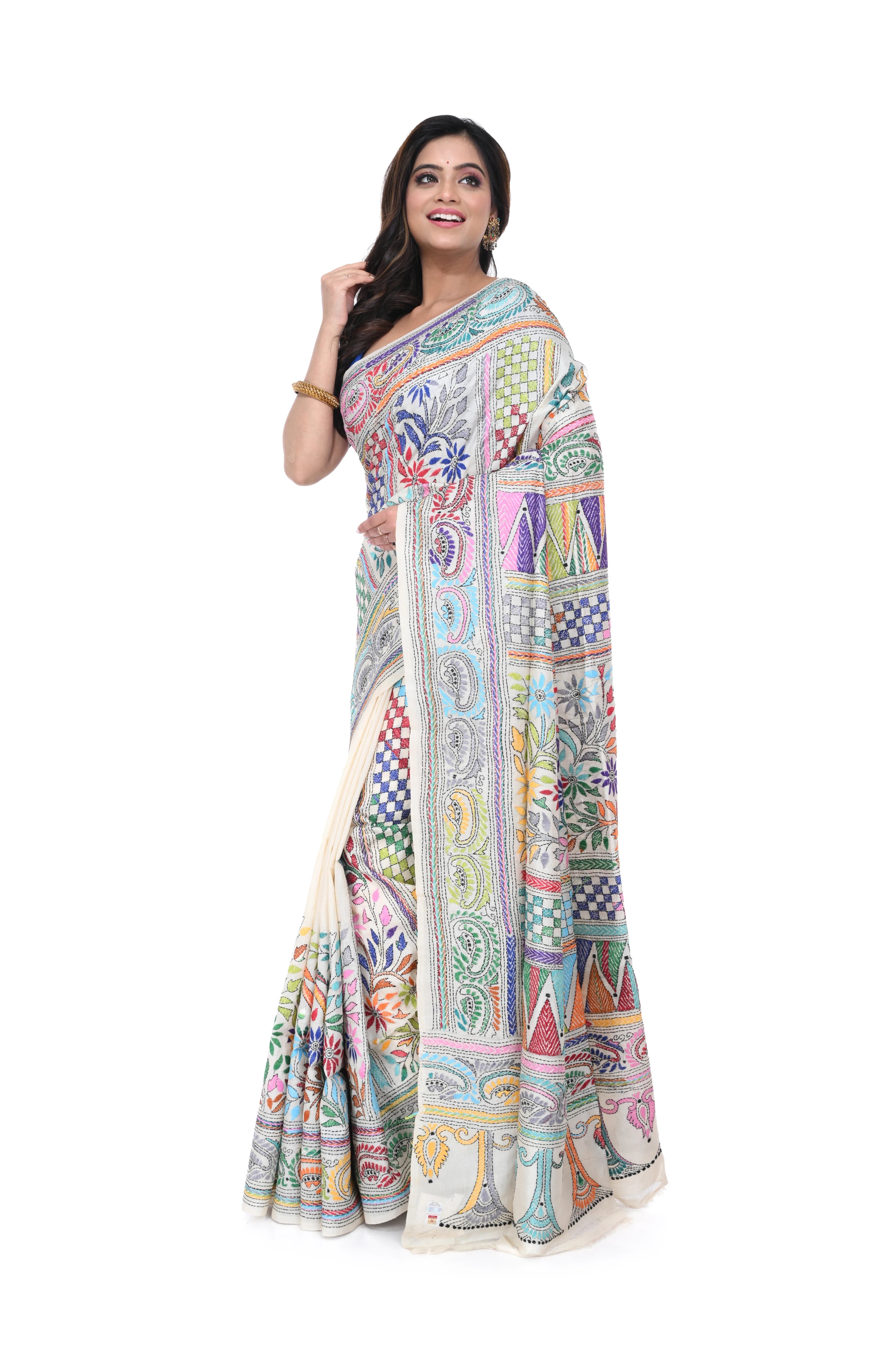 Tussar Silk Saree with Vertical Kantha Work