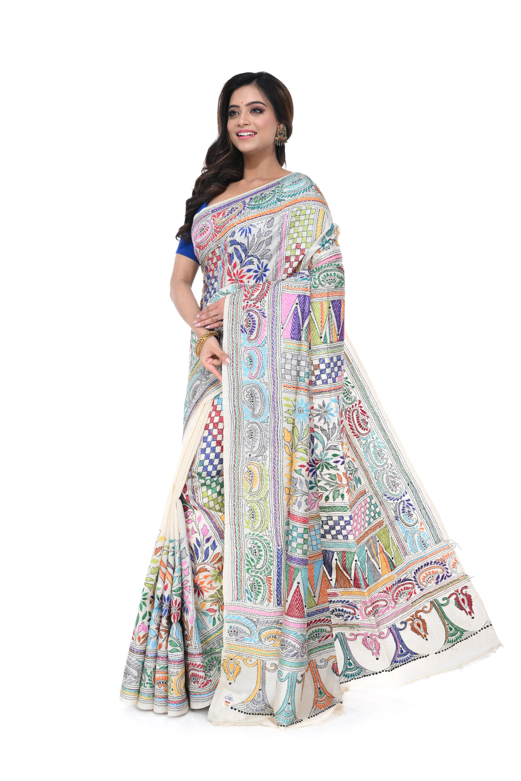 Tussar Silk Saree with Vertical Kantha Work