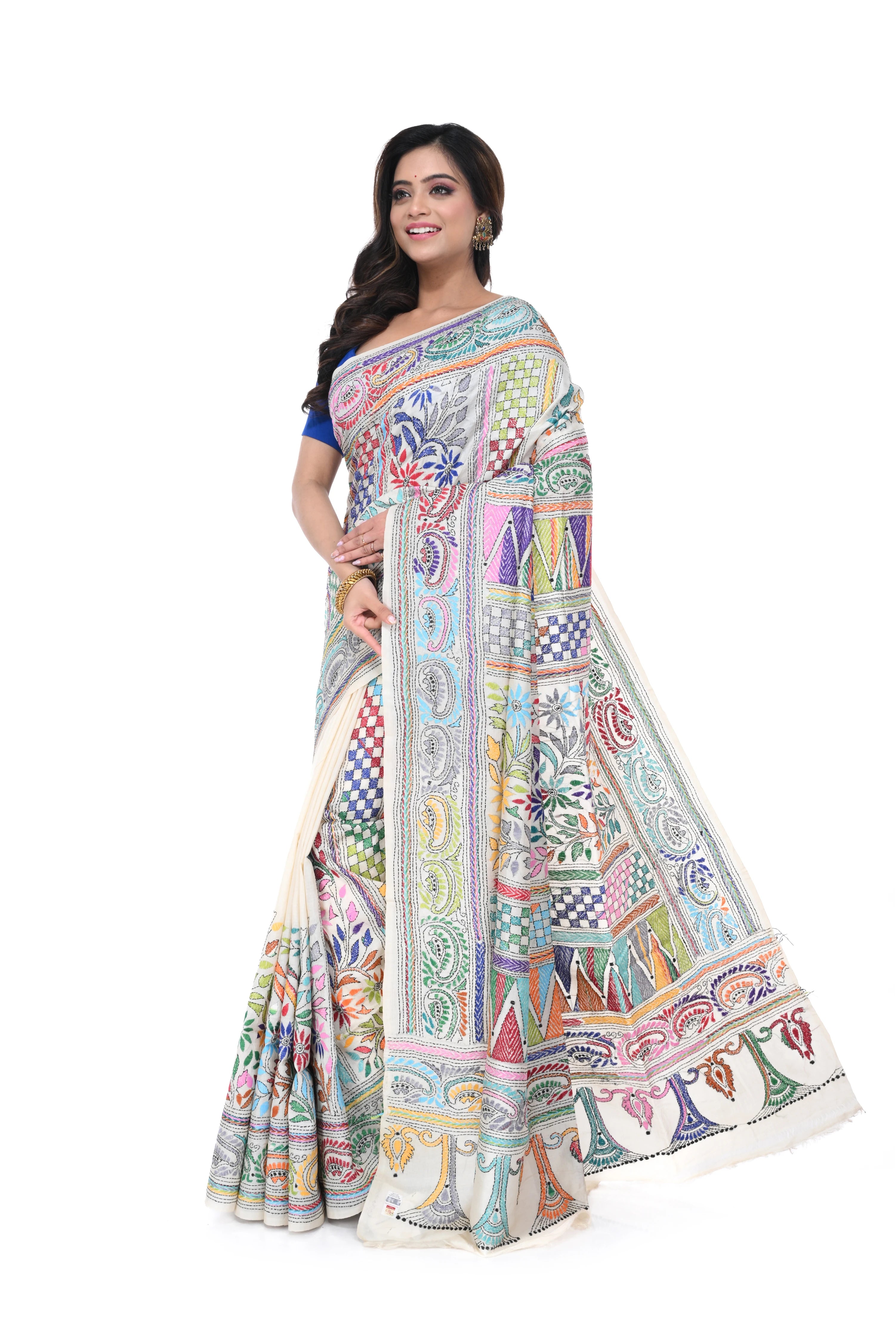 Tussar Silk Saree with Vertical Kantha Work