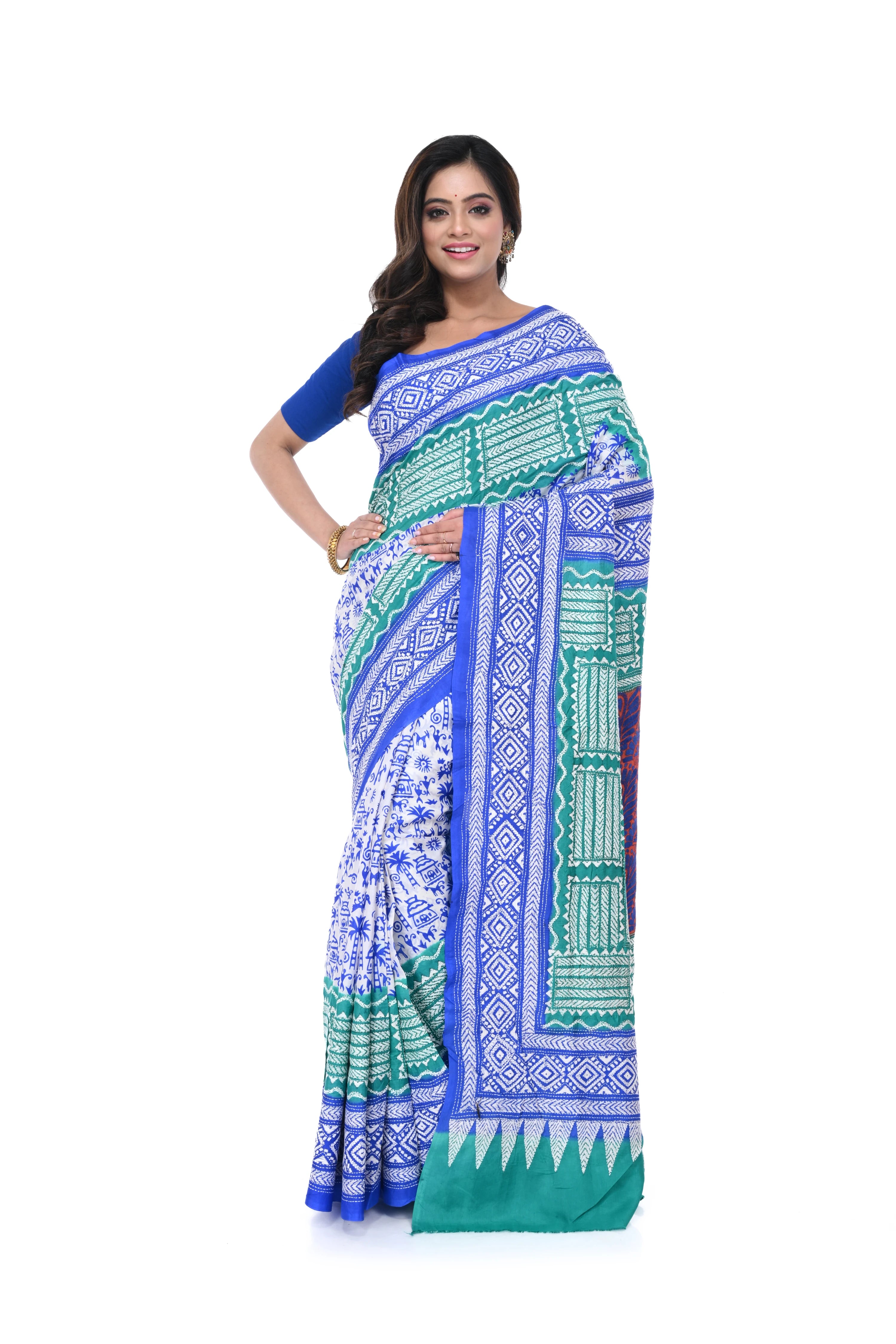Blue & White Kantha Stitch Saree with Block Print Concept