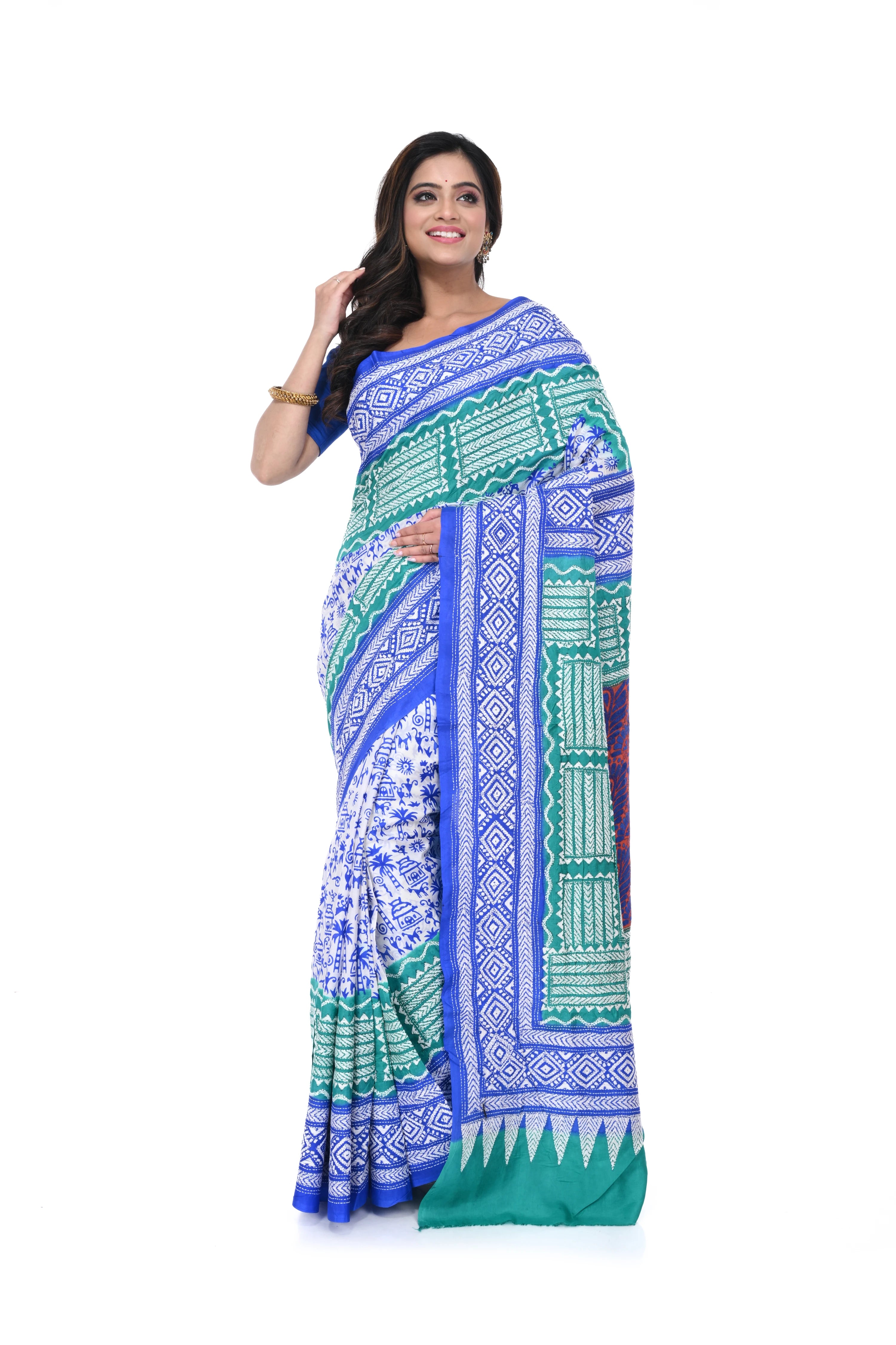 Blue & White Kantha Stitch Saree with Block Print Concept