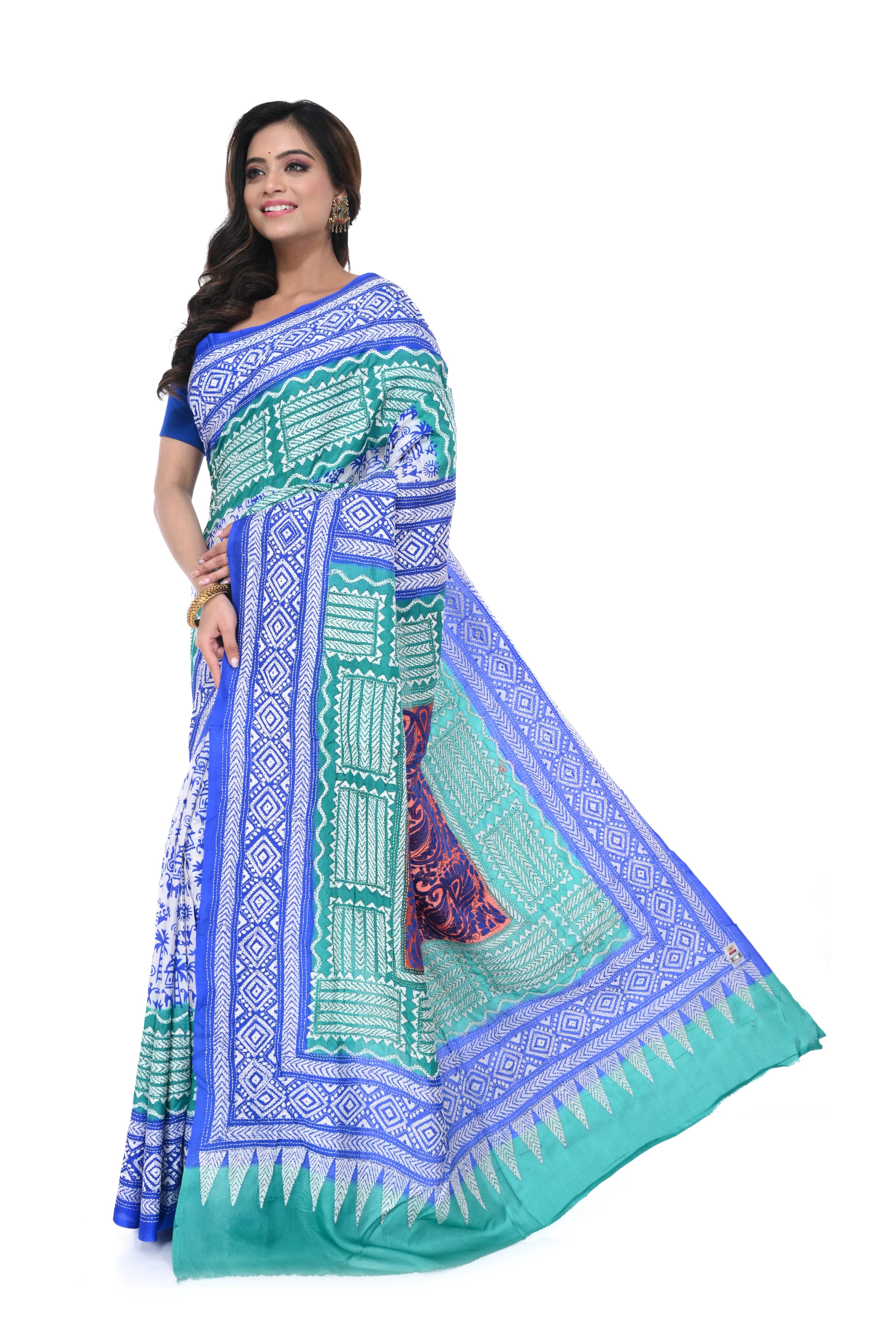 Blue & White Kantha Stitch Saree with Block Print Concept