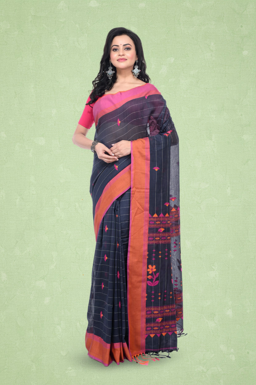 Black Handloom Saree with Pink & Orange Border