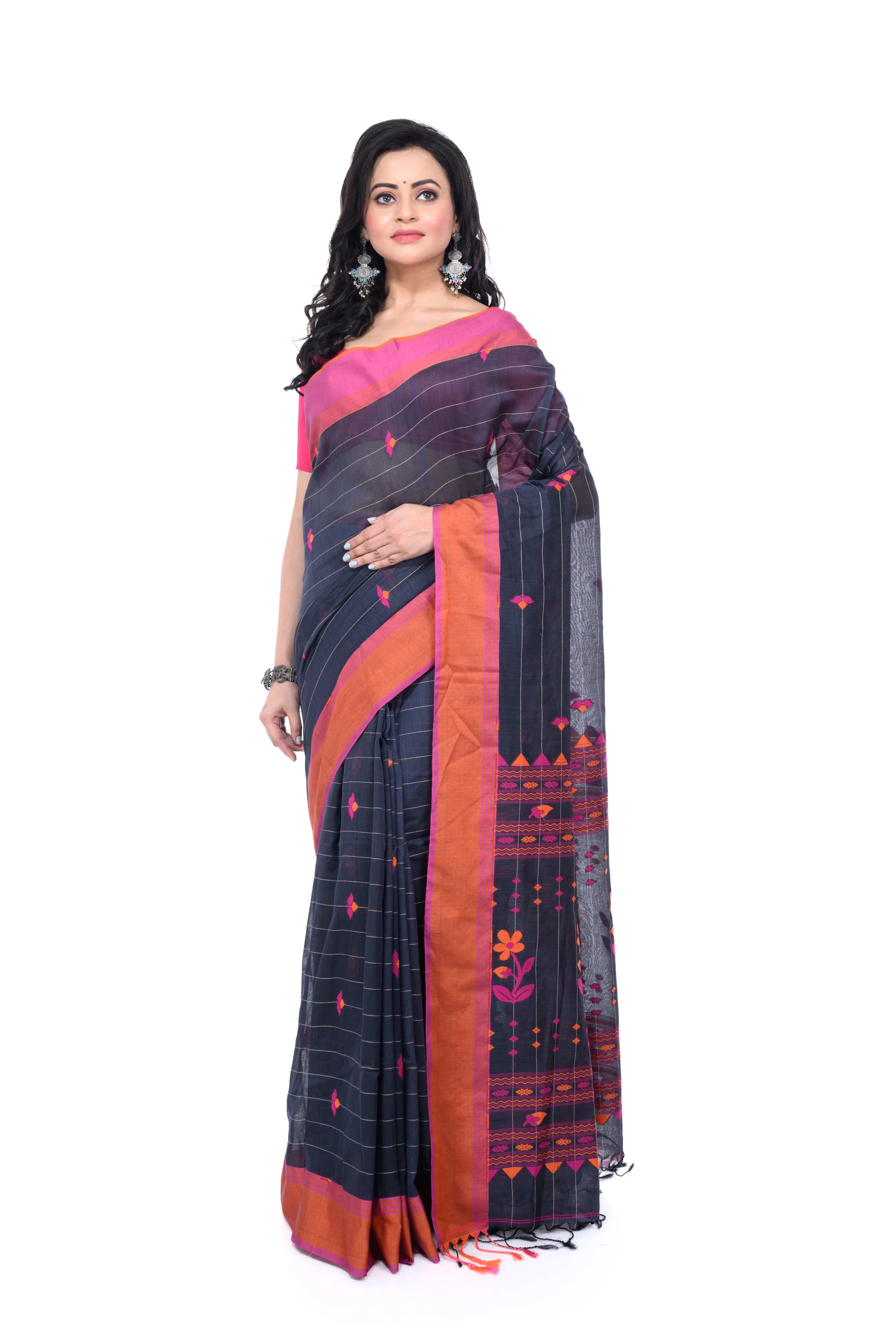 Black Handloom Saree with Pink & Orange Border