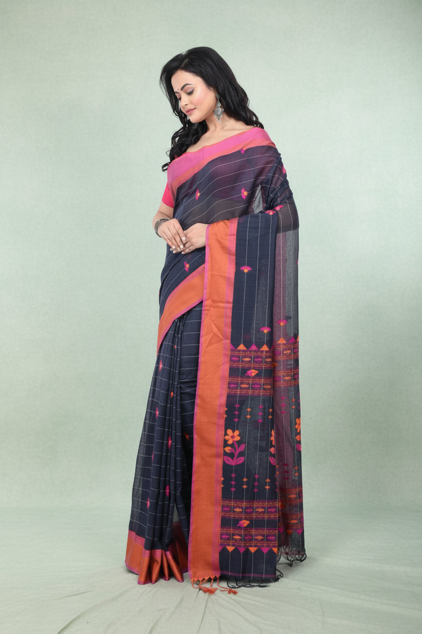 Black Handloom Saree with Pink & Orange Border
