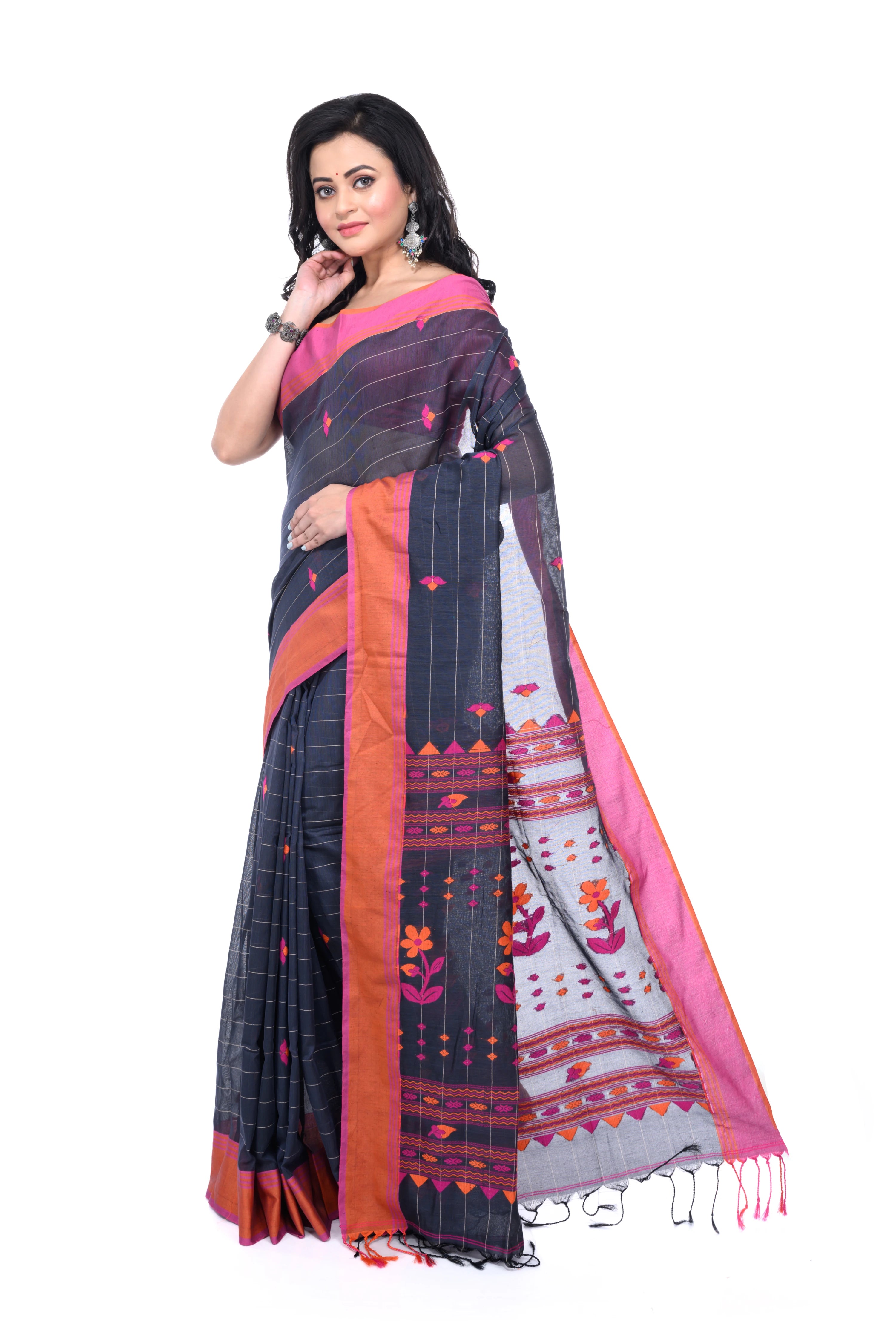 Black Handloom Saree with Pink & Orange Border
