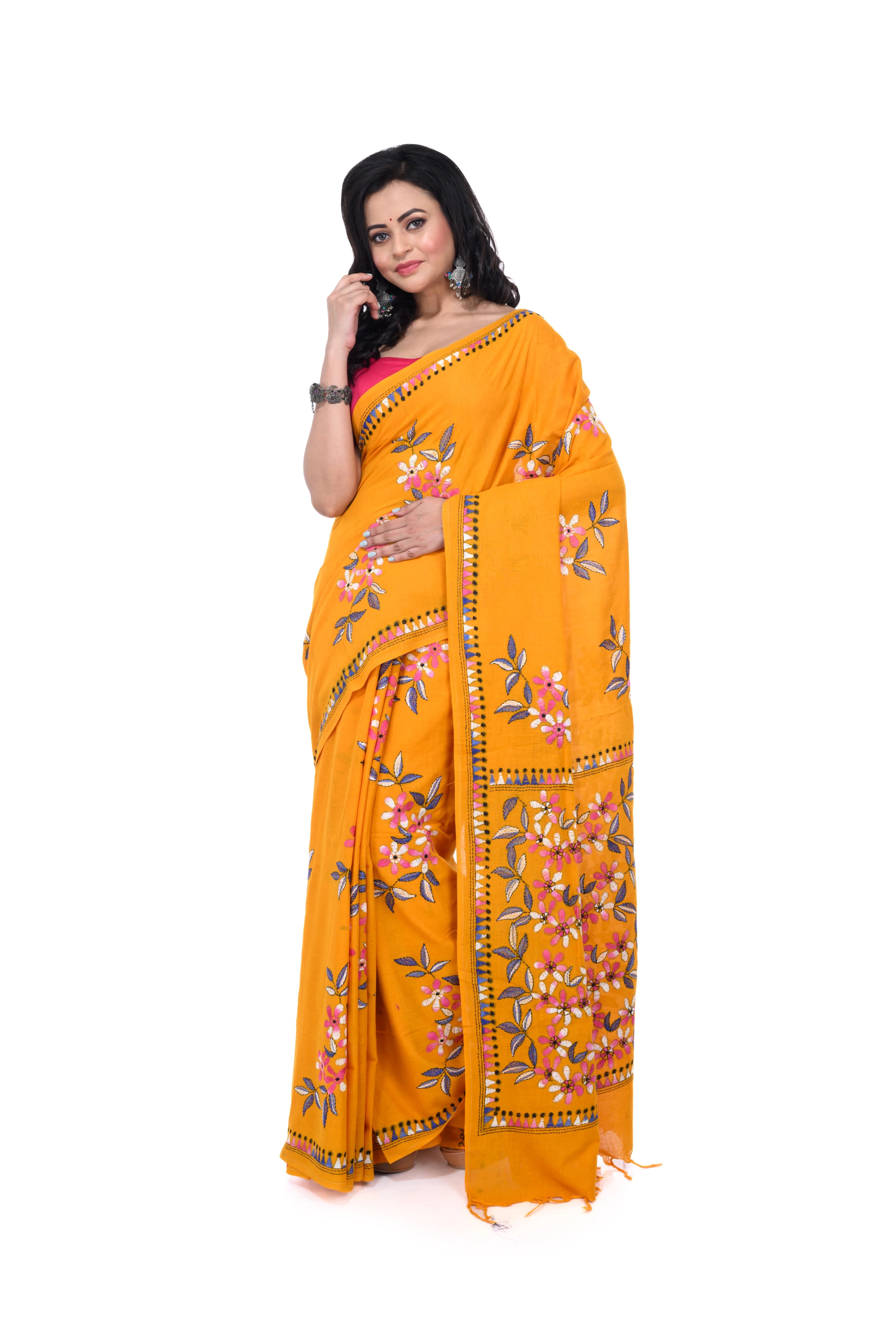 Yellow Cotton Kantha Saree with Exclusive Work