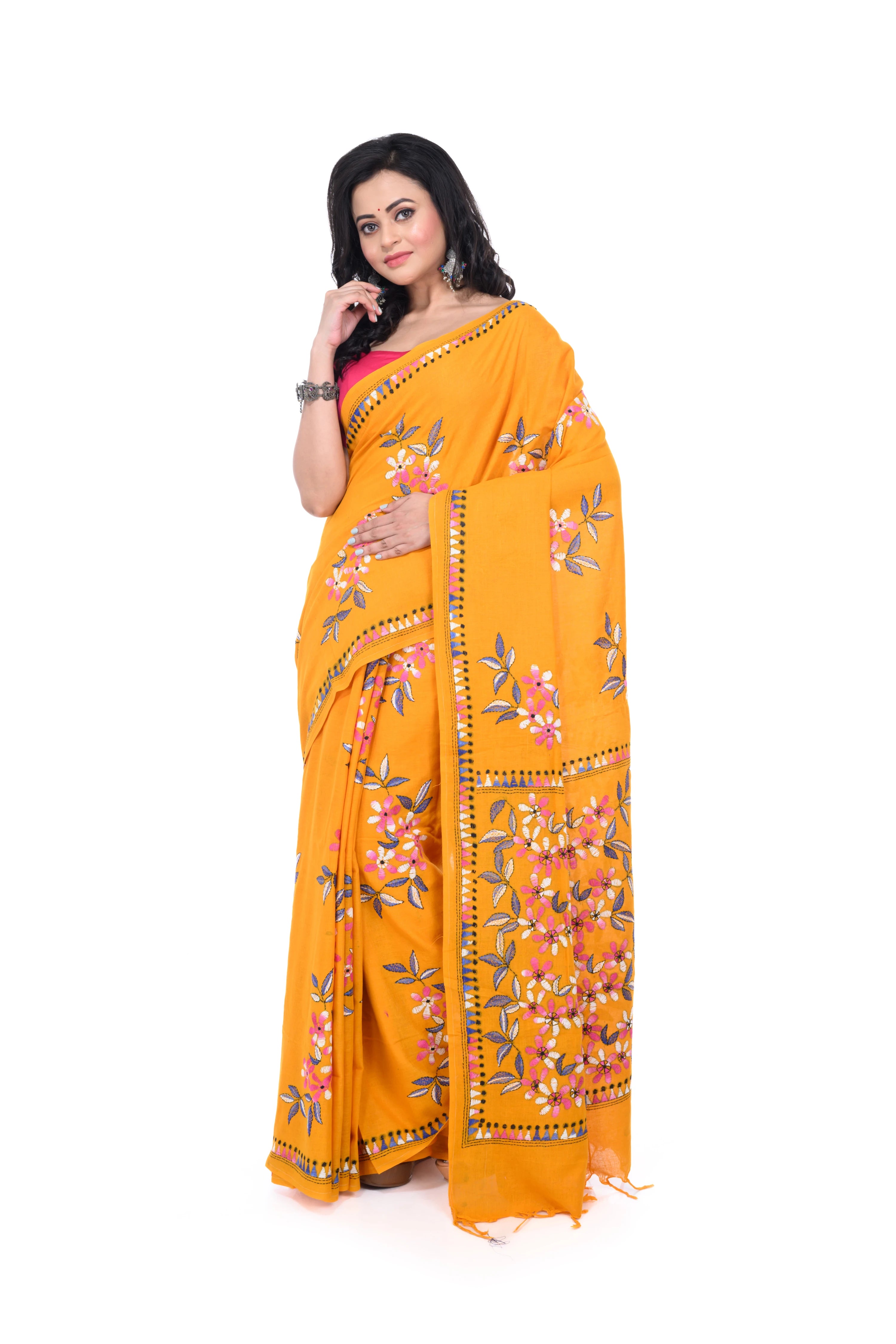 Yellow Cotton Kantha Saree with Exclusive Work