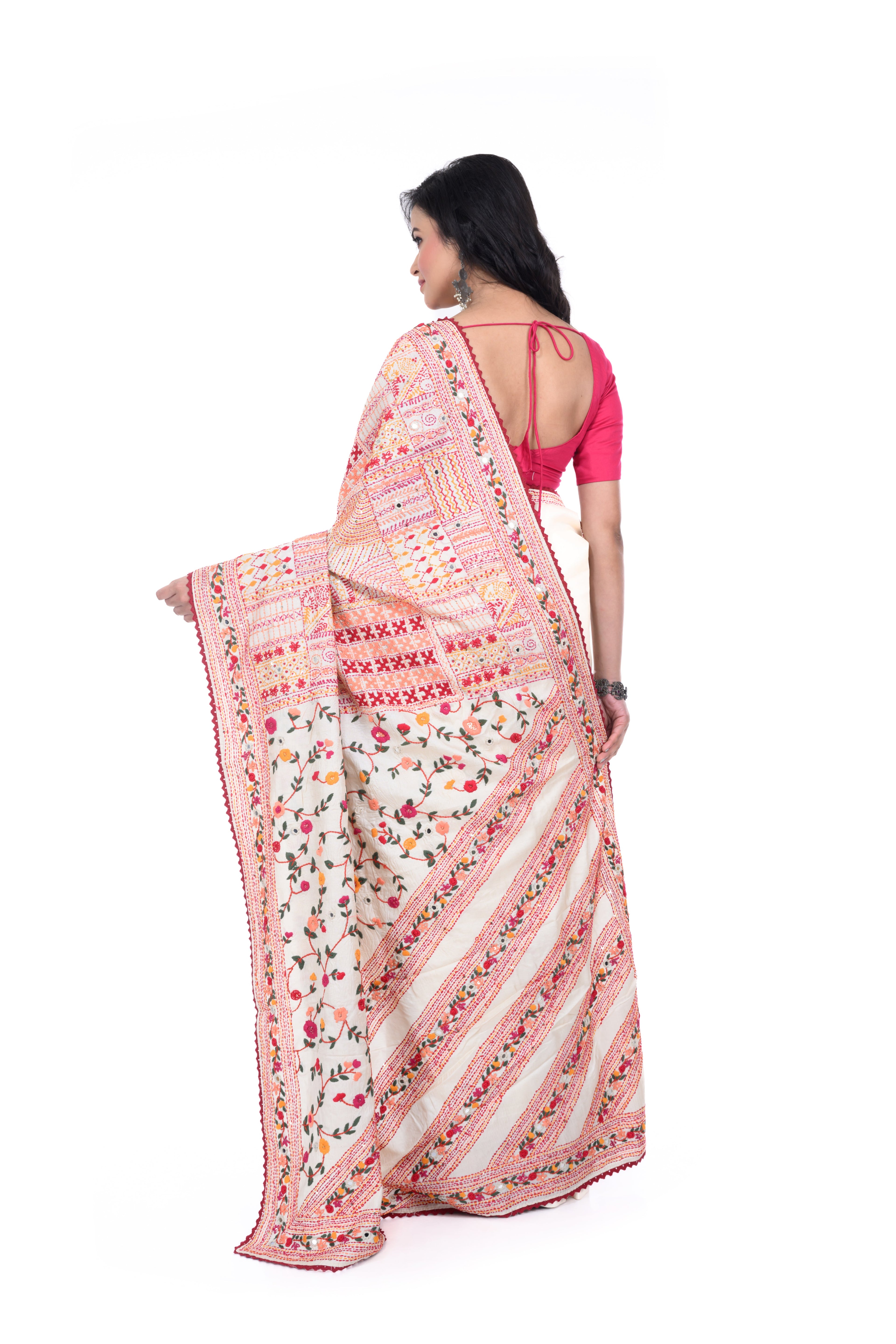 Cream Tussar Saree with Exclusive Yoke - to - Pallu Hand Work