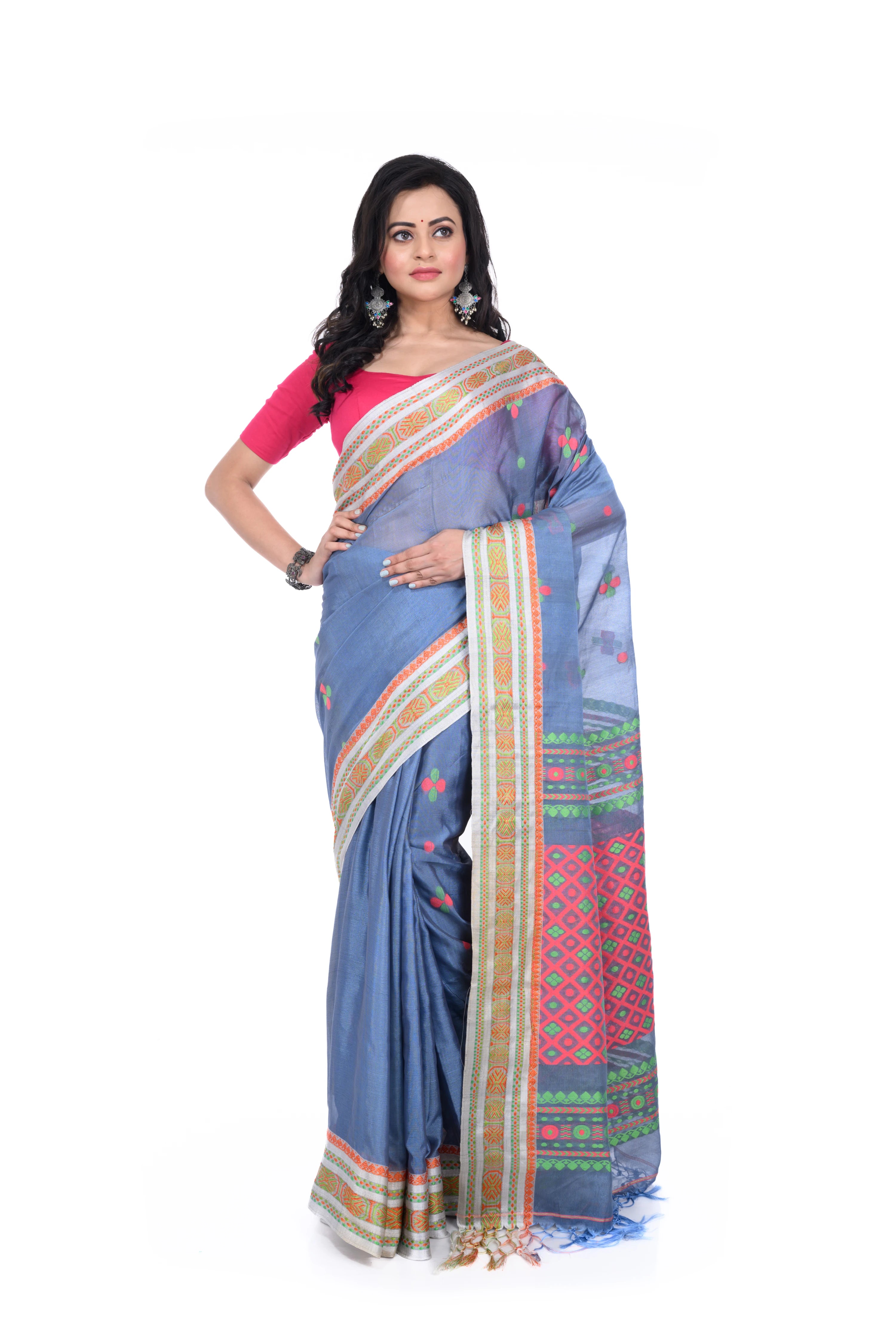 Steel Grey Semi Tussar Saree with Silver Border & Rich Pallu