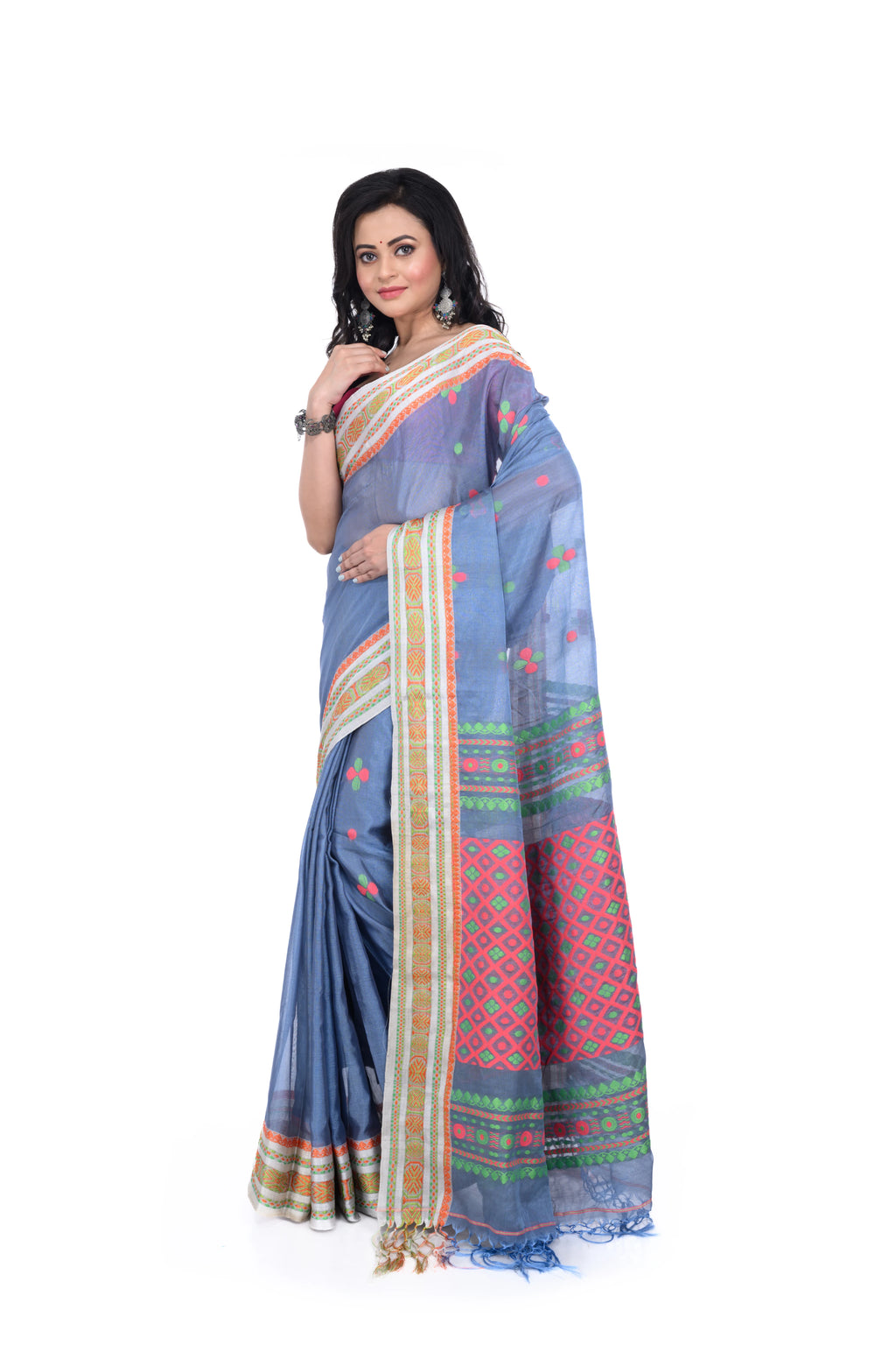 Steel Grey Semi Tussar Saree with Silver Border & Rich Pallu