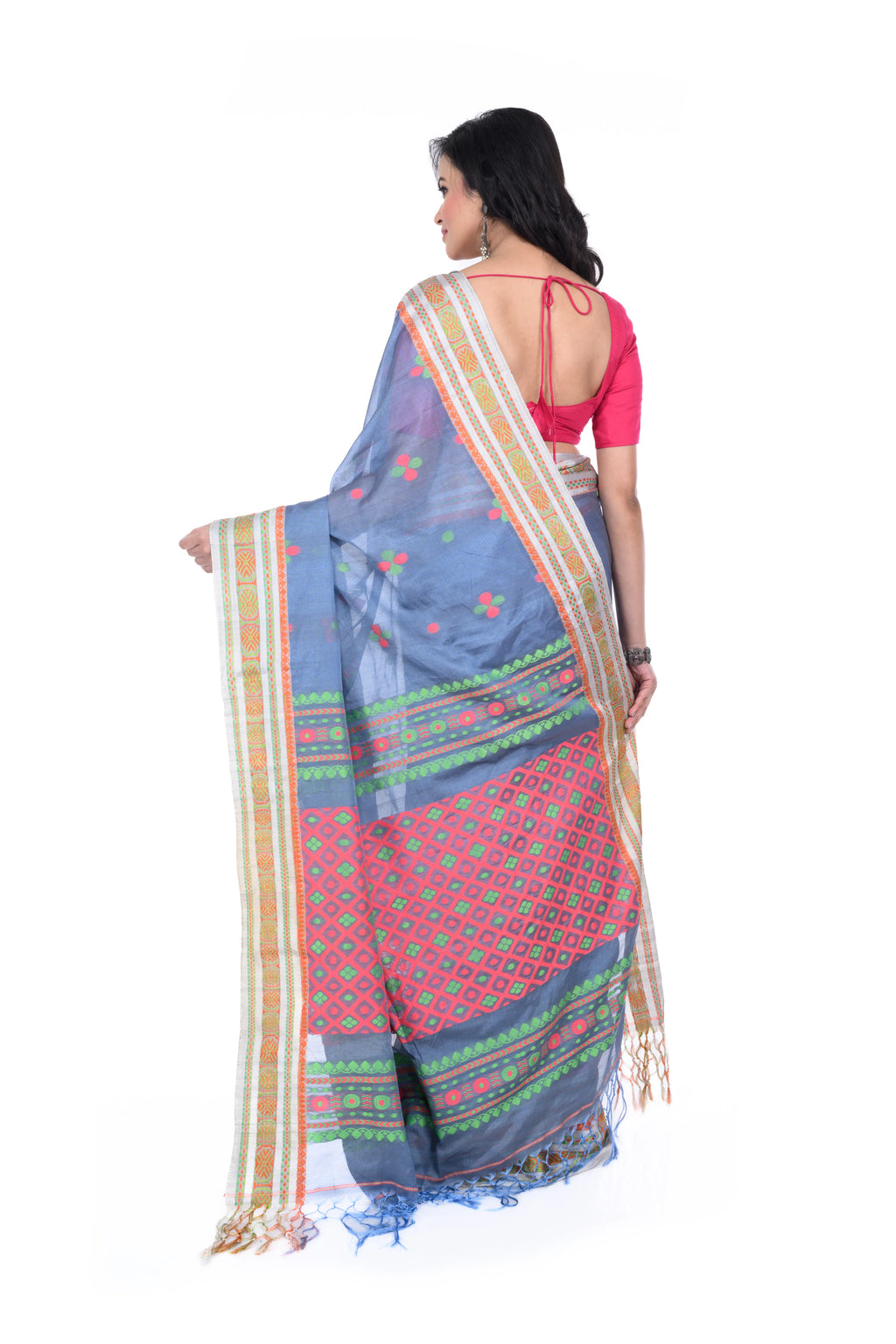 Steel Grey Semi Tussar Saree with Silver Border & Rich Pallu