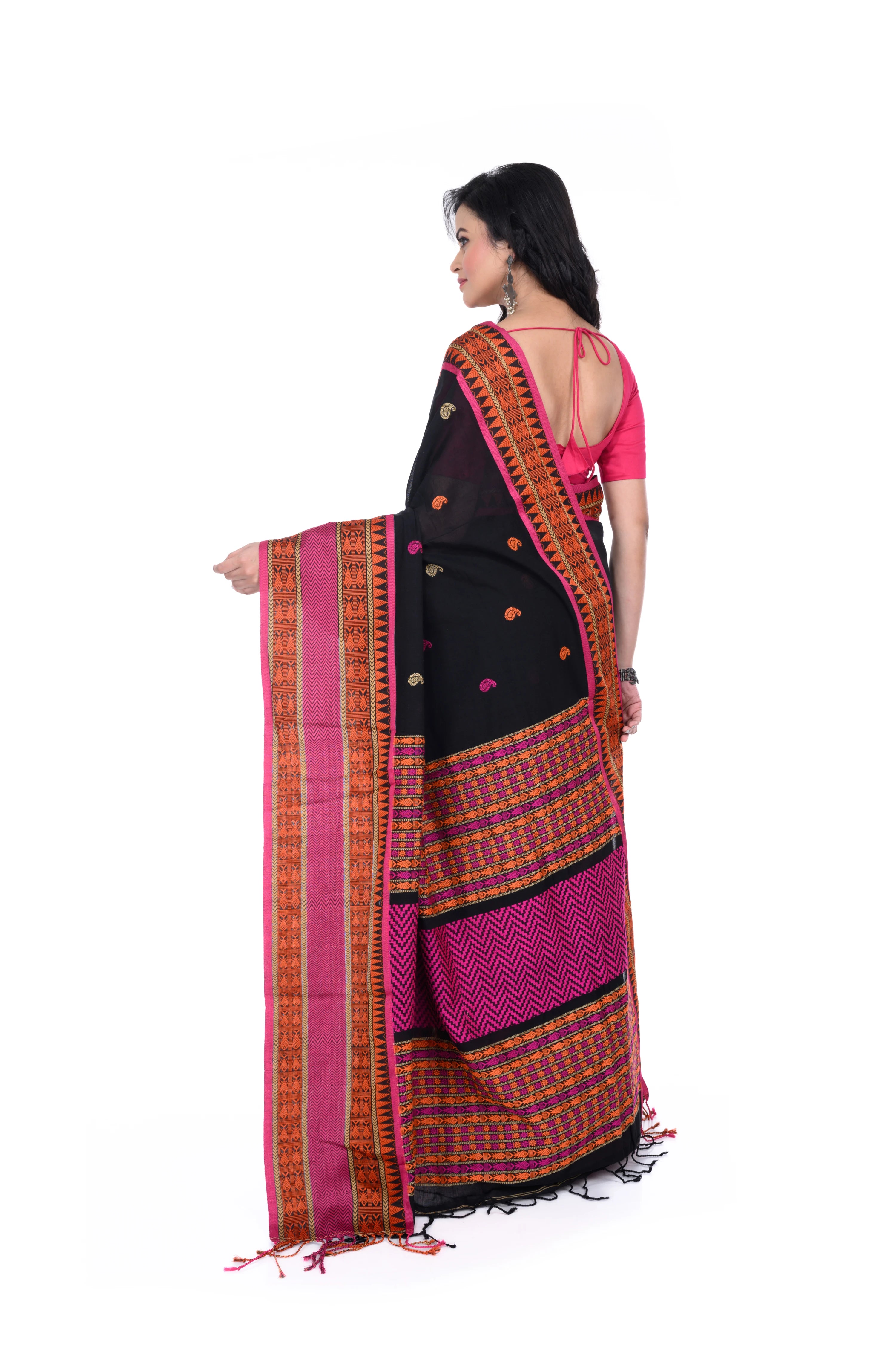Black Handloom Saree with Pink Border & Pallu Work