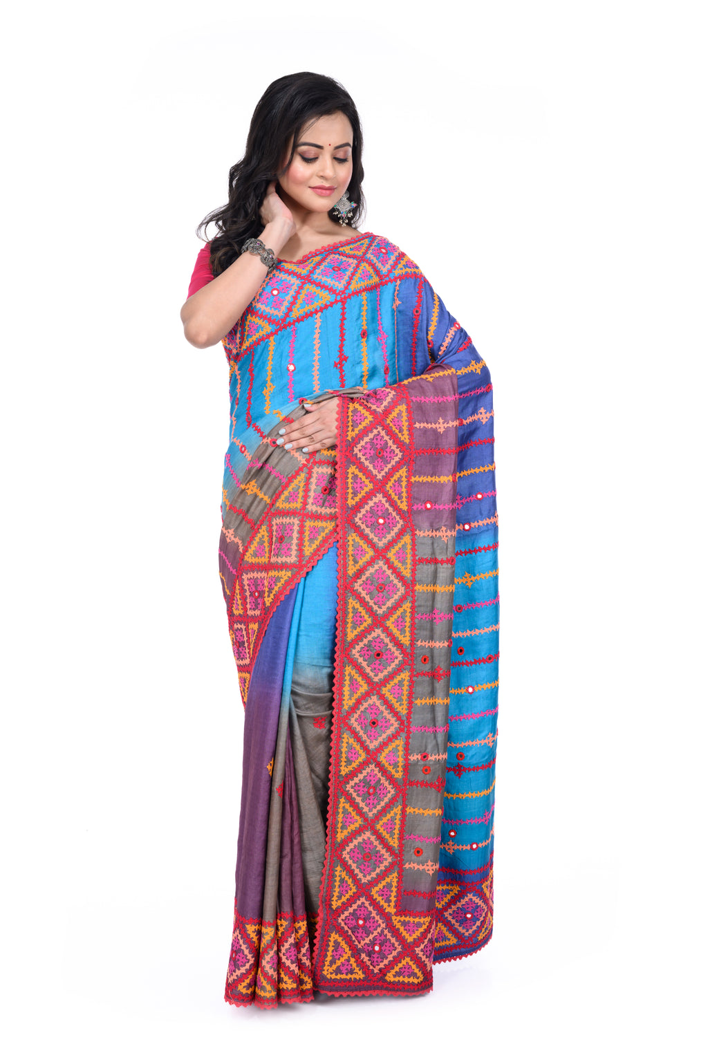 Dyed Tussar Saree with Hand Gujarati Work