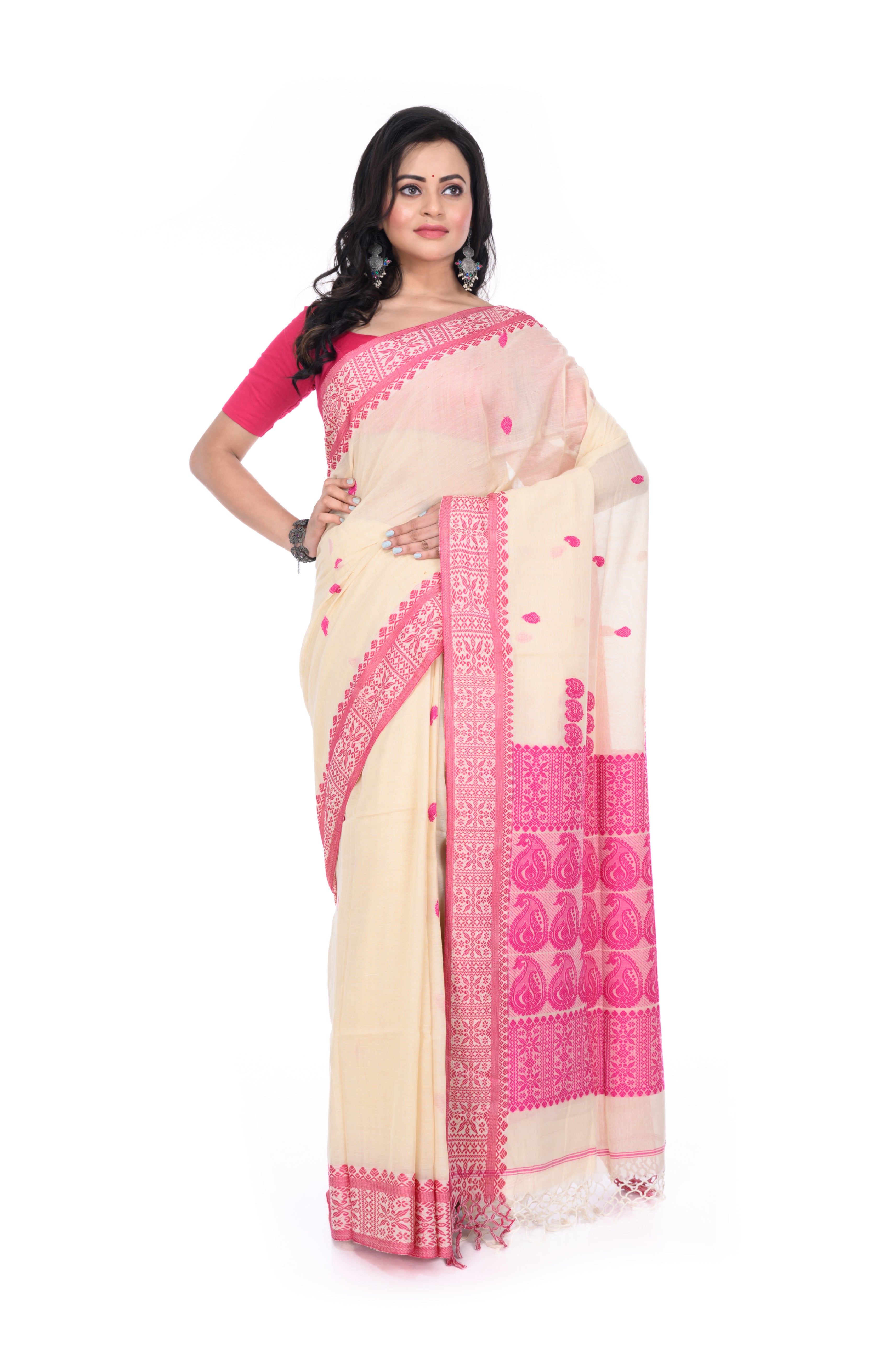 Pink & Cream Handloom Saree with Heavy Pallu