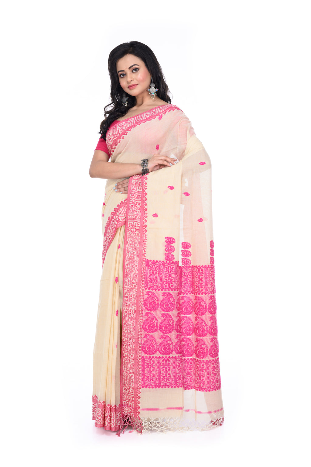 Pink & Cream Handloom Saree with Heavy Pallu