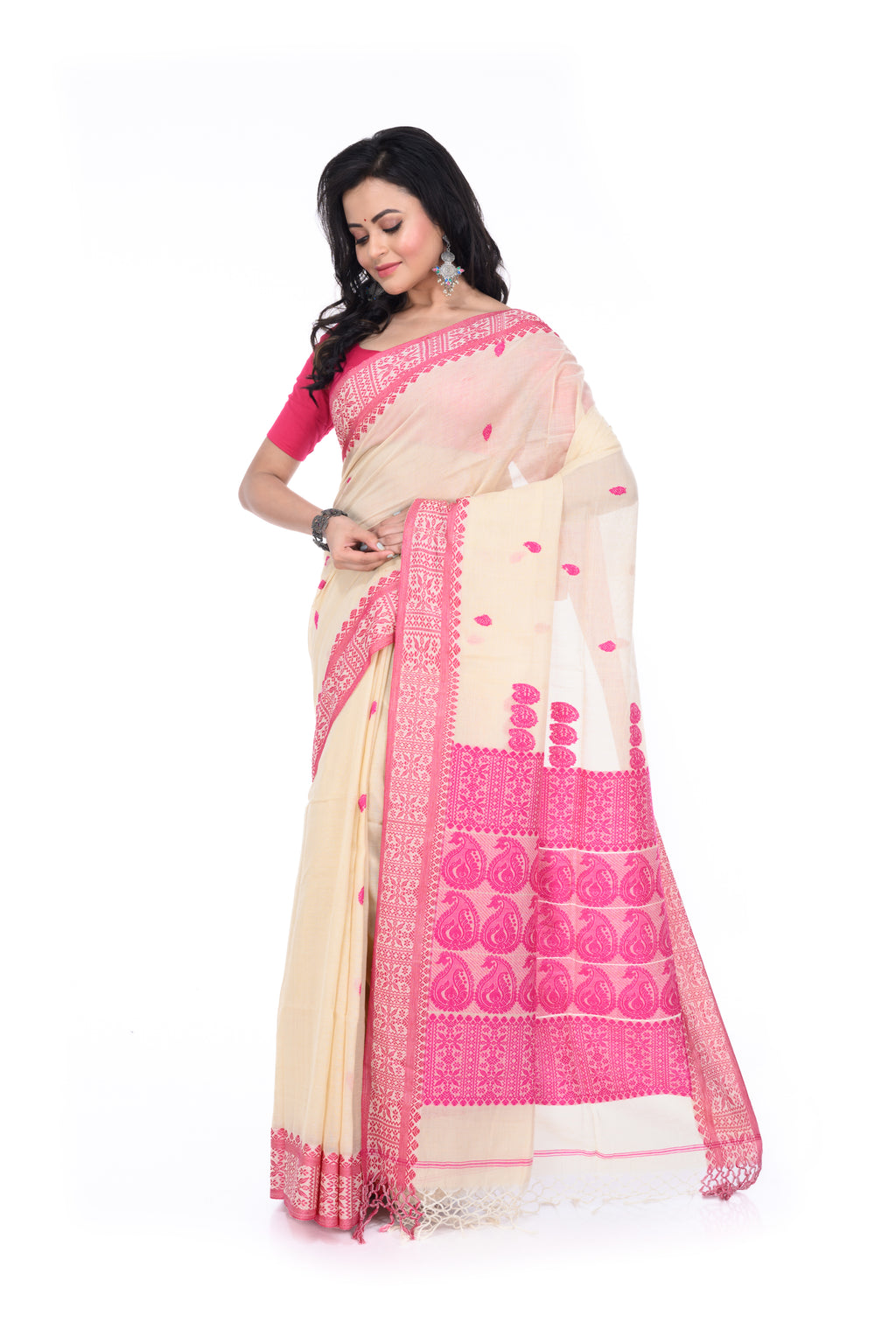 Pink & Cream Handloom Saree with Heavy Pallu