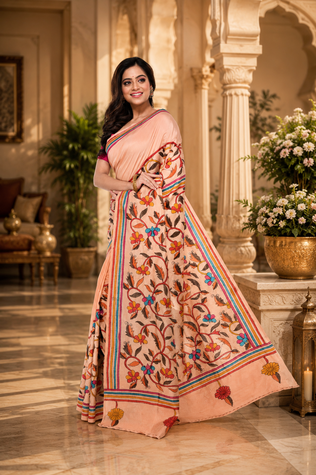 Peach Art Silk Saree with Corner - to - Corner Kantha Work