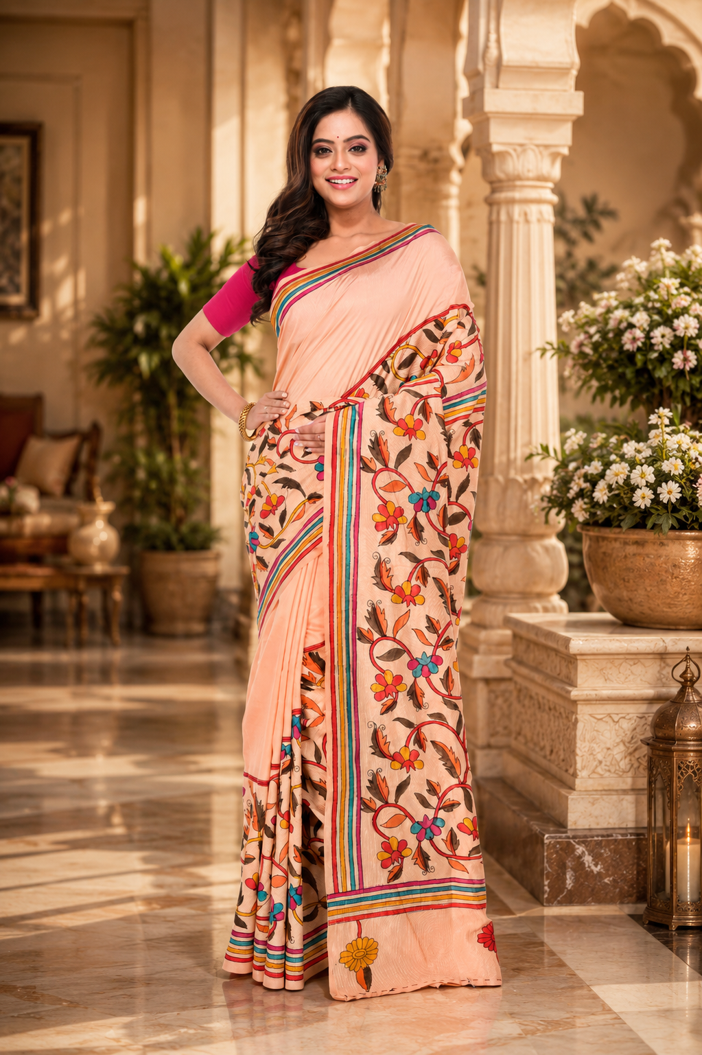 Peach Art Silk Saree with Corner - to - Corner Kantha Work