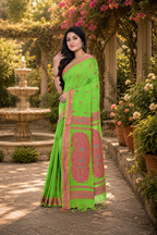 Parrot Green Cotton Baluchori Handloom Saree