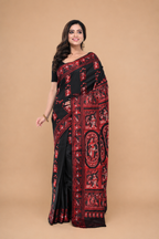 Pure Black & Red Baluchori Saree with Heavy Pallu