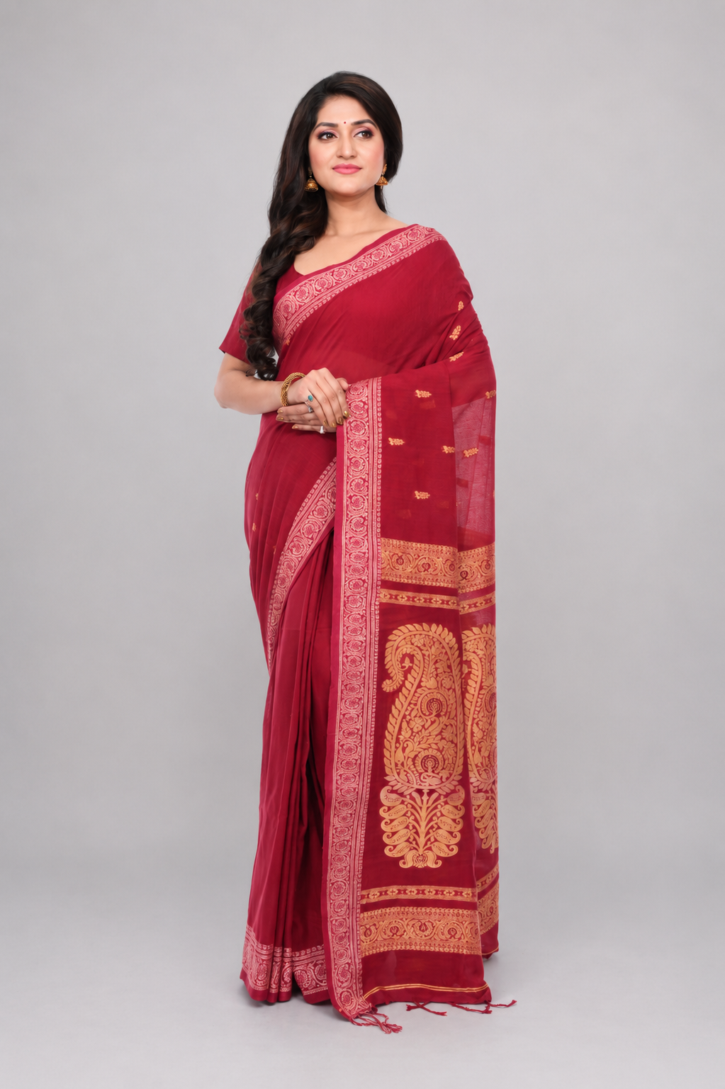 Maroon Colour Cotton Baluchori Saree with Muga Thead Worked