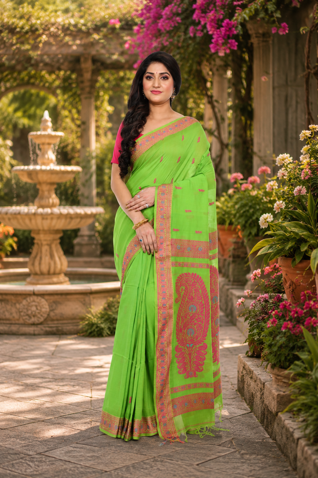 Parrot Green Cotton Baluchori Handloom Saree