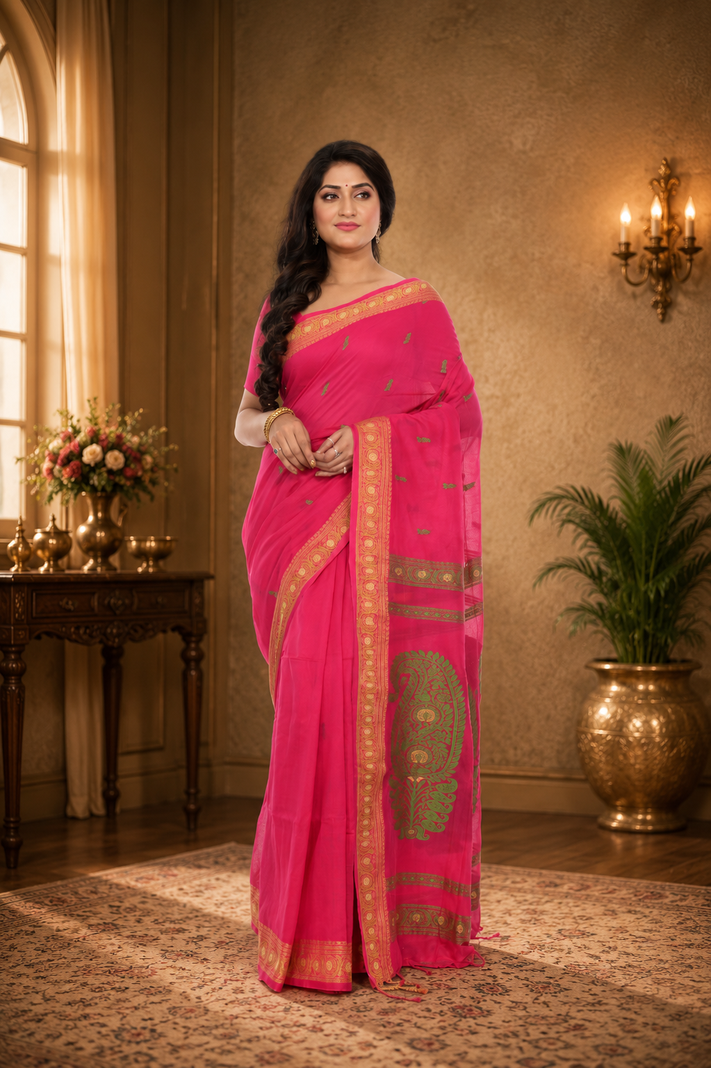 Pink Cotton Baluchori Saree with Green Motif