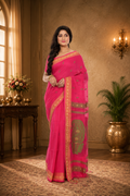 Pink Cotton Baluchori Saree with Green Motif