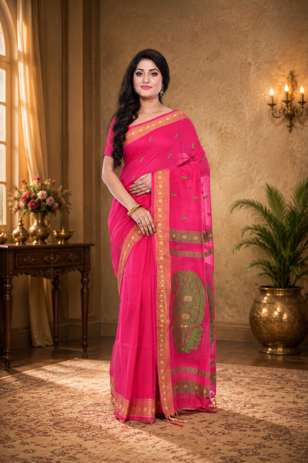 Pink Cotton Baluchori Saree with Green Motif