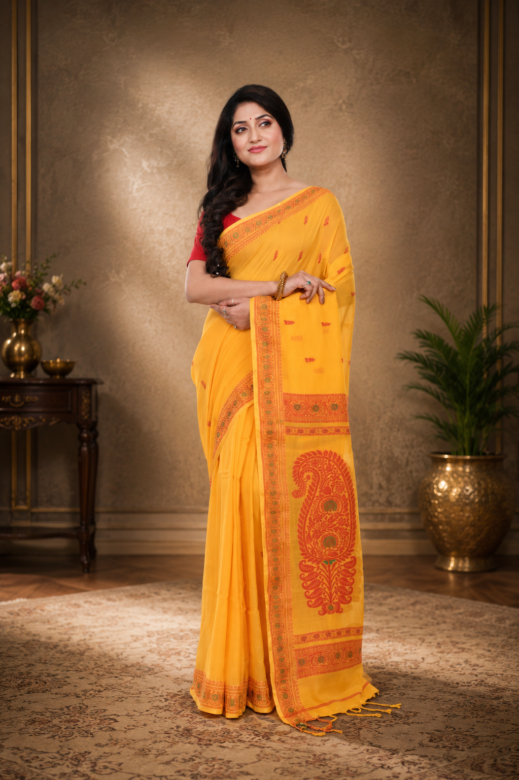 Yellow Cotton Baluchori Saree with Red Border and Pallu