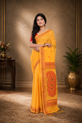 Yellow Cotton Baluchori Saree with Red Border and Pallu