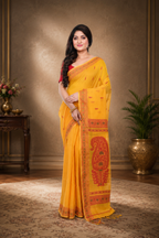 Yellow Cotton Baluchori Saree with Red Border and Pallu