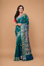 Greenish - Blue Pure Baluchori Saree with Meenakari Work Border & Long Pallu