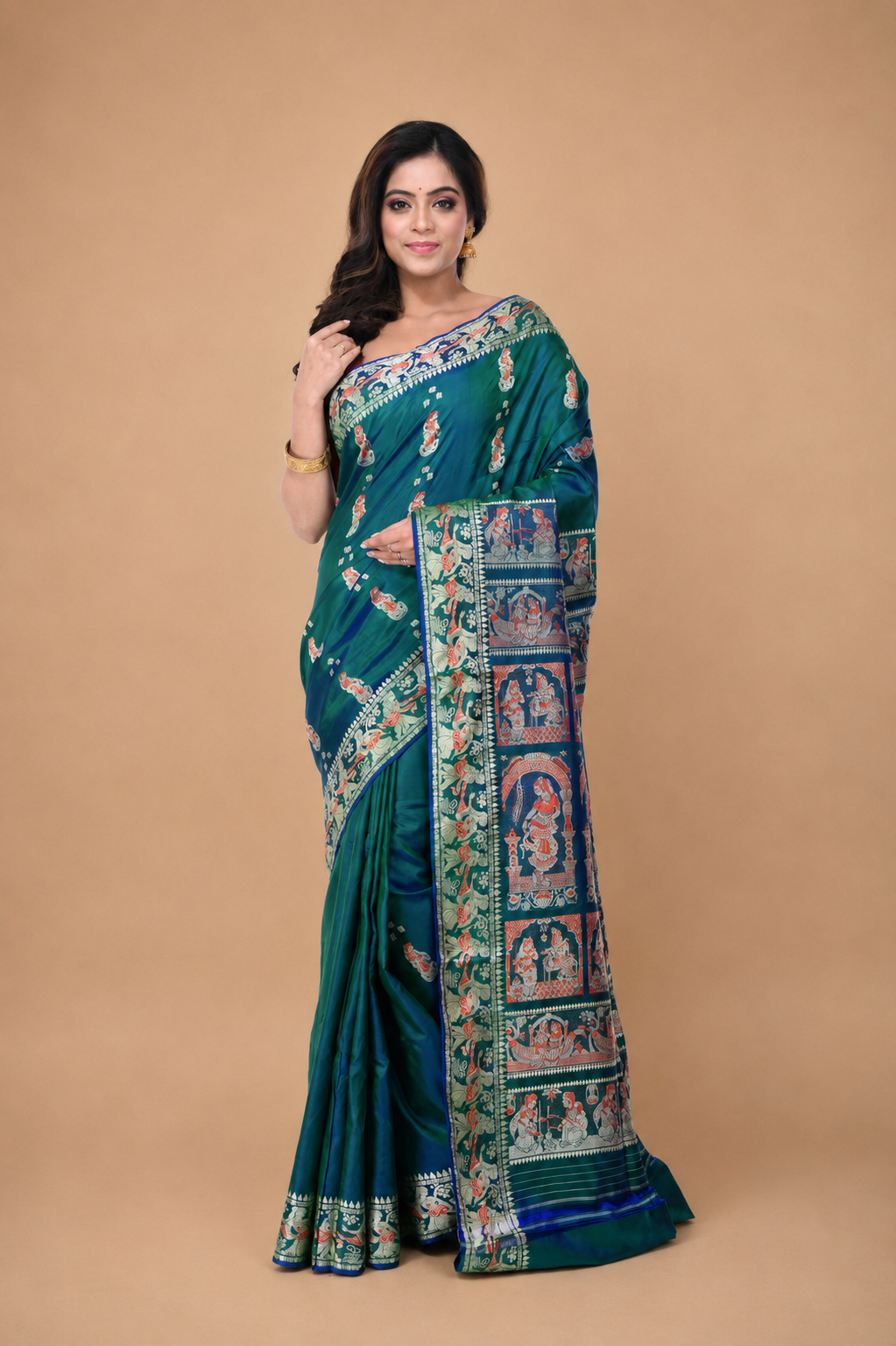 Greenish - Blue Pure Baluchori Saree with Meenakari Work Border & Long Pallu