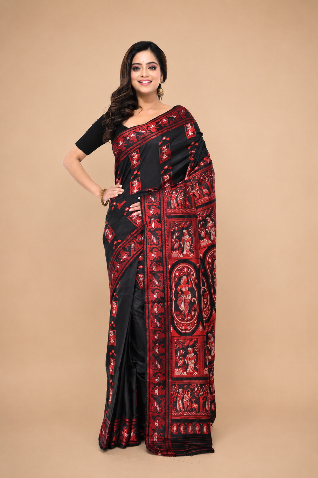 Pure Black & Red Baluchori Saree with Heavy Pallu