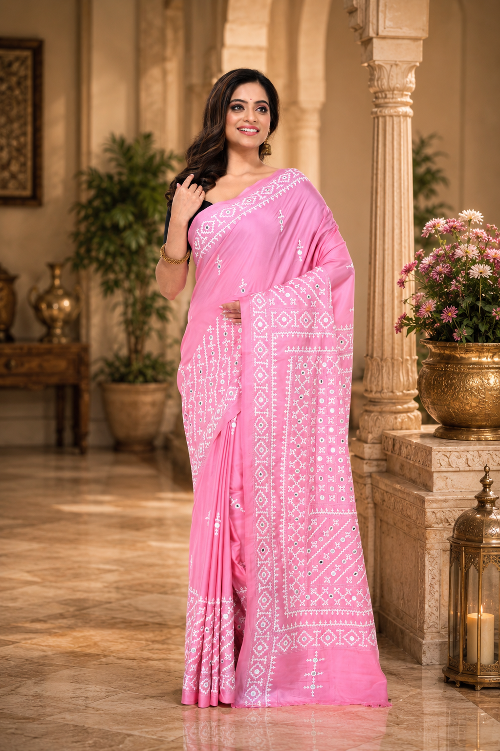 Baby Pink Bangalore Silk Saree with Gujarati Stitch Work