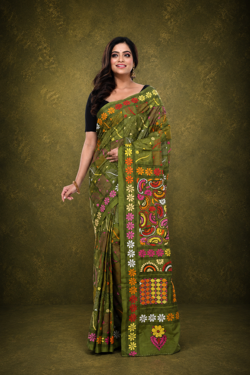 Bangalore Silk Saree with Pink - Yellow Kantha Work