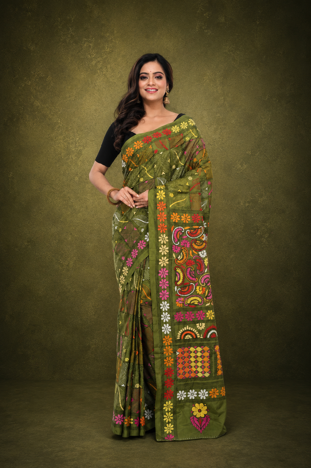Bangalore Silk Saree with Pink - Yellow Kantha Work