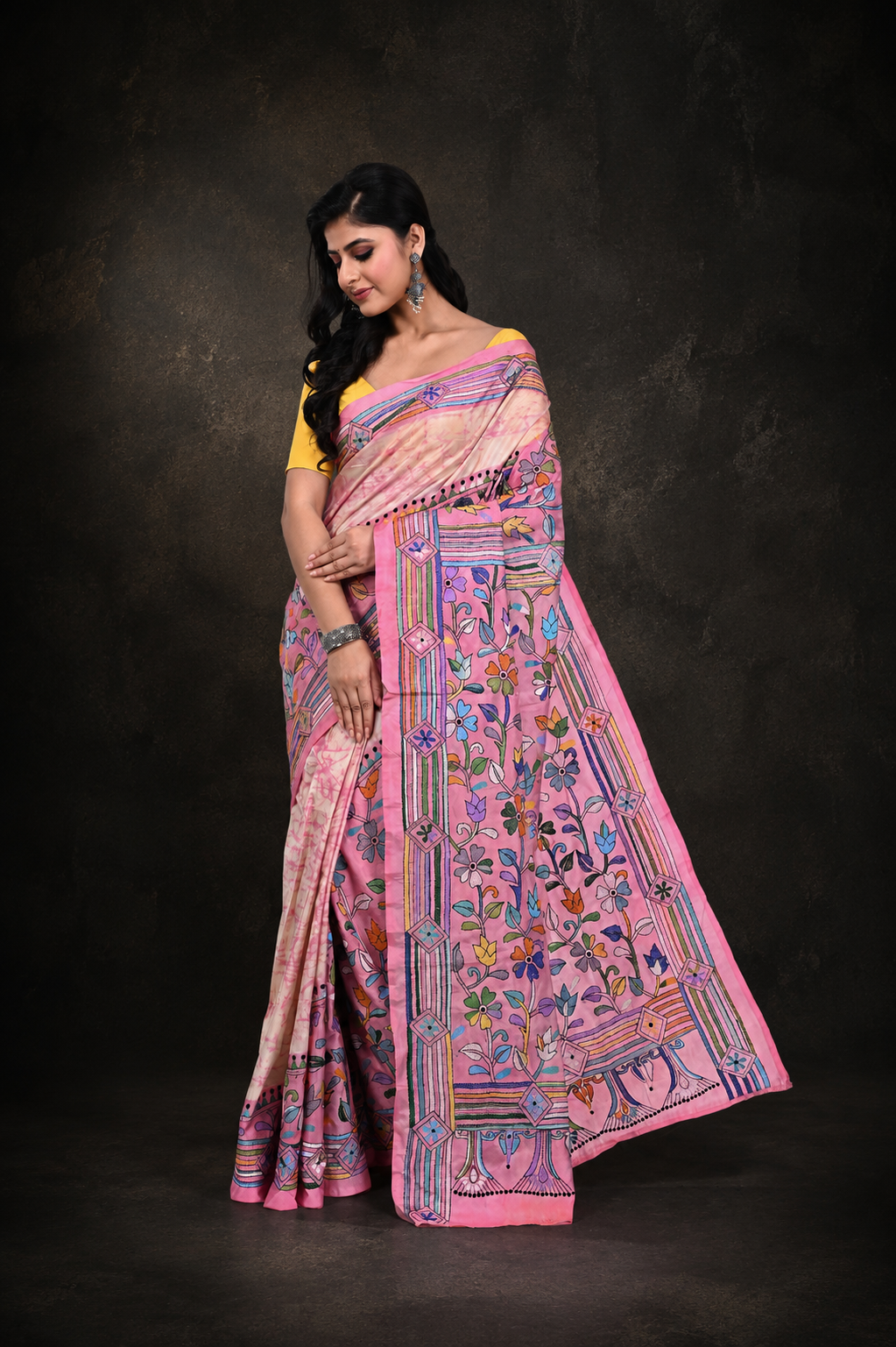 Pink Coloured Bangalore Silk Kantha Saree with Corner to Corner Worked