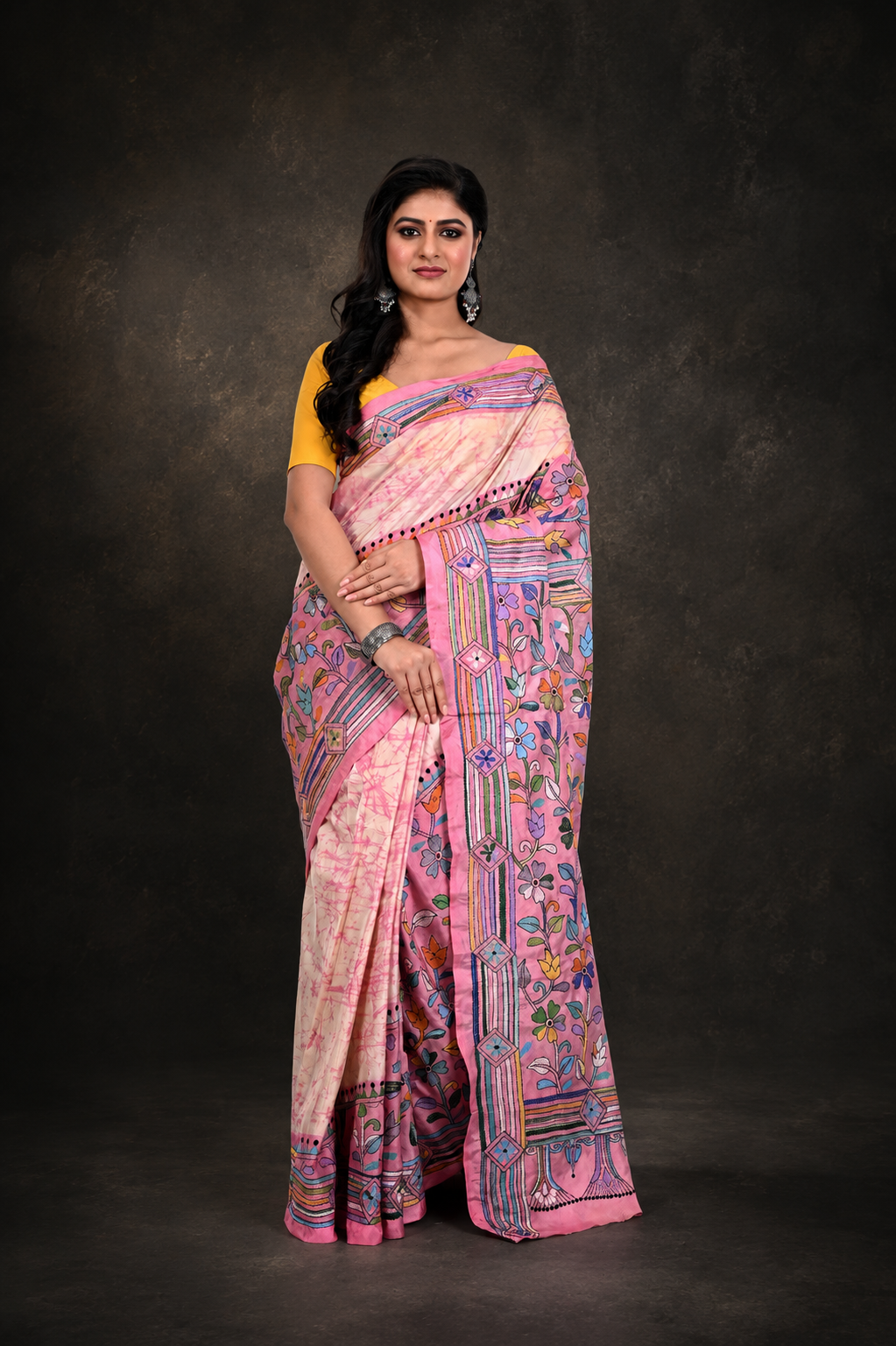 Pink Coloured Bangalore Silk Kantha Saree with Corner to Corner Worked