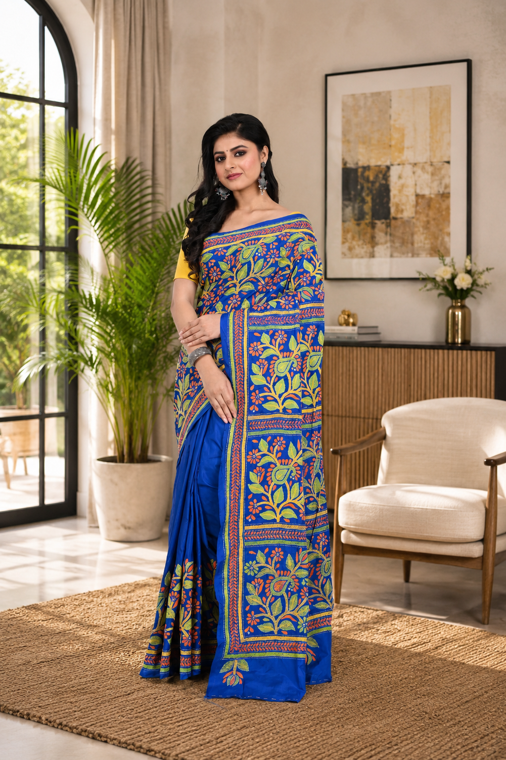 Royal Blue Banglore Silk Kantha Saree with Exclusive Work