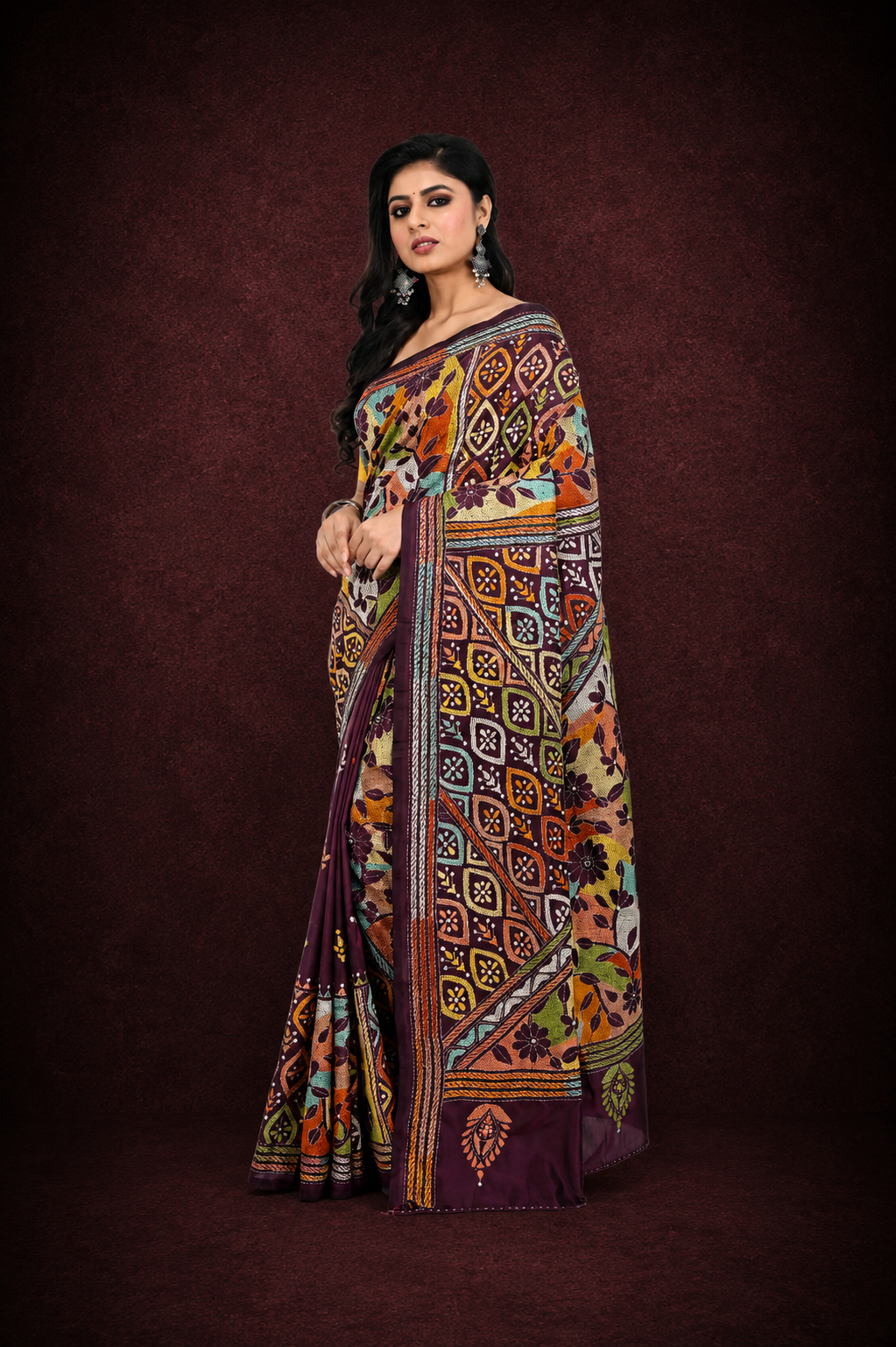 Dark Wine Coloured Banglore Silk Saree with All Over Reverse Kantha Worked