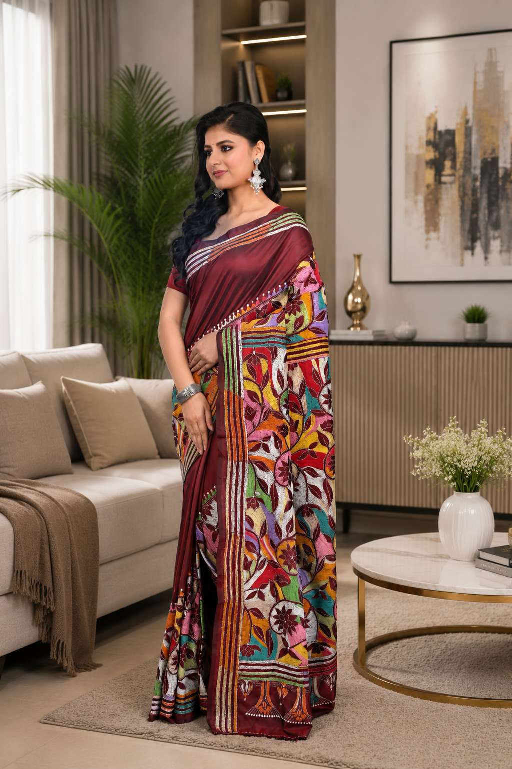 Maroon Blended Banglore Silk Saree with Corner to Corner Kantha Worked