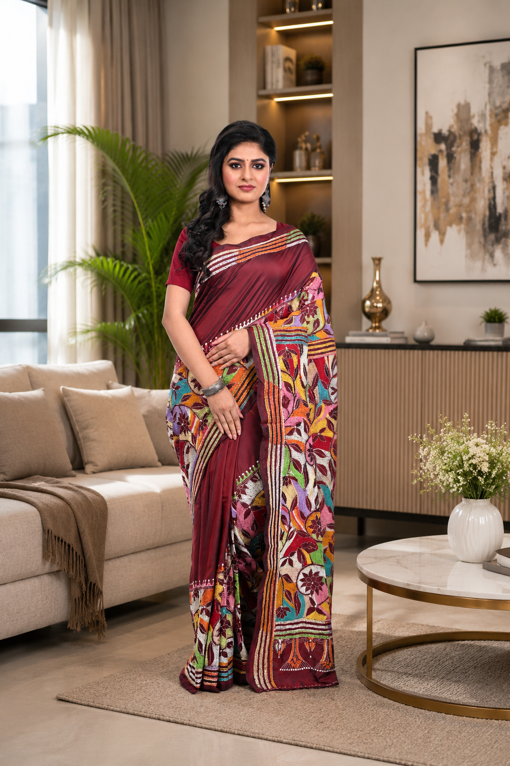 Maroon Blended Banglore Silk Saree with Corner to Corner Kantha Worked
