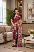 Maroon Blended Banglore Silk Saree with Corner to Corner Kantha Worked